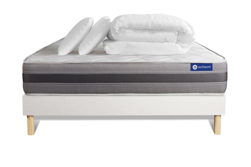 Pack lit complet 140x200 cm - Matelas + Sommier Blanc (en kit) + 2 oreillers + Couette - Actilatex Relax