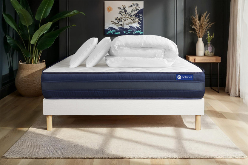 Pack lit complet 160x200 cm - Matelas + Sommier Blanc (en kit) + 2 oreillers + Couette - Actilatex Tech