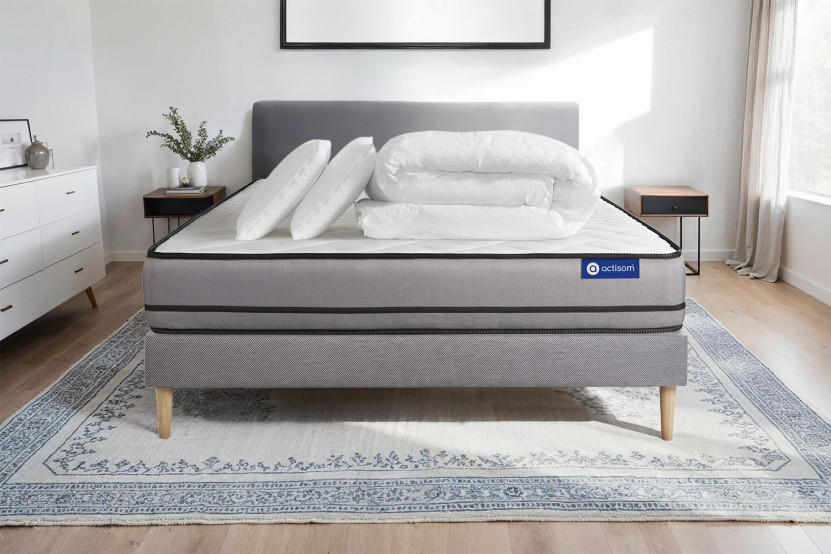 Pack lit complet 140x190 cm - Matelas + Sommier Gris (en kit) + 2 oreillers + Couette - Actiflex Night