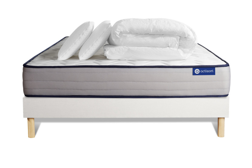 Pack lit complet 140x190 cm - Matelas + Sommier Blanc (en kit) + 2 oreillers + Couette - Actimemo Form