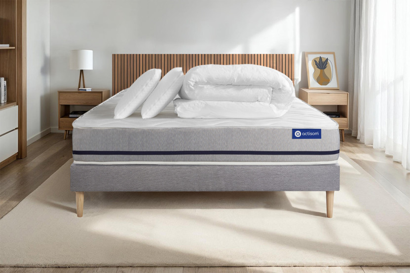 Pack lit complet 160x200 cm - Matelas + Sommier Gris (en kit) + 2 oreillers + Couette - Actilatex Soft