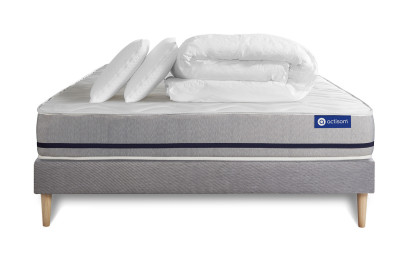 Pack lit complet 180x200 cm - Matelas + Sommier Gris (en kit) + 2 oreillers + Couette - Actimemo Soft