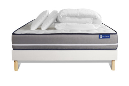 Pack lit complet 140x190 cm - Matelas + Sommier Blanc (en kit) + 2 oreillers + Couette - Actiflex Pur