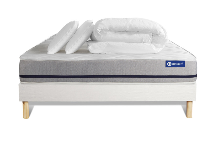 Pack lit complet 140x190 cm - Matelas + Sommier Blanc (en kit) + 2 oreillers + Couette - Actiflex Soft